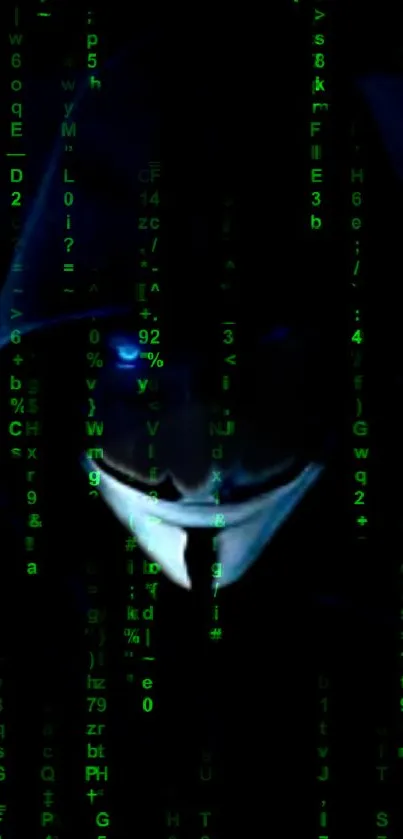 Dark hacker face with green digital code overlay.