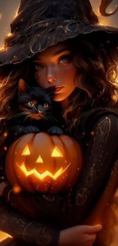 Witch and black cat with glowing pumpkin.
