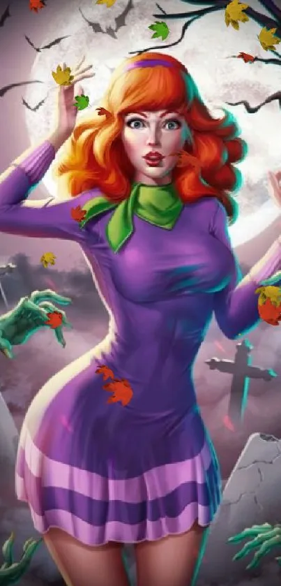 Cartoon character in purple dress in spooky graveyard with green hands.