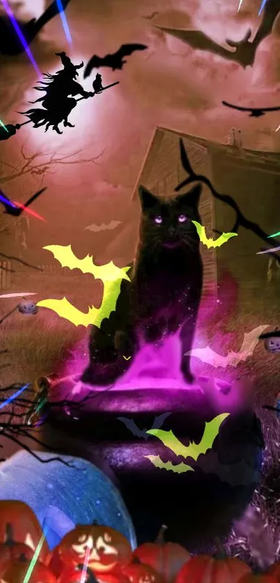 Halloween scene with a mystical black cat and glowing elements.