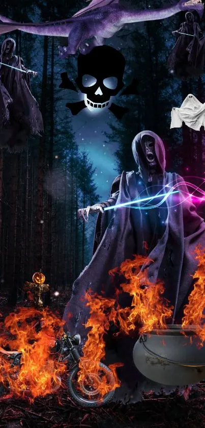 Mystical dark fantasy Halloween wallpaper with fire and reaper.