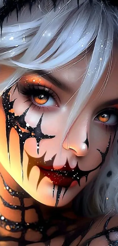 Mystical face art in Halloween theme with vibrant colors and enchanting details.