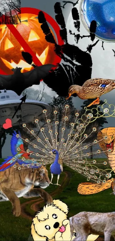 Halloween themed fantasy collage with animals and mystical elements.