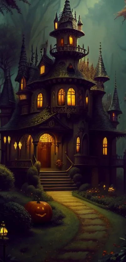 Enchanted Halloween house in a spooky forest at night.