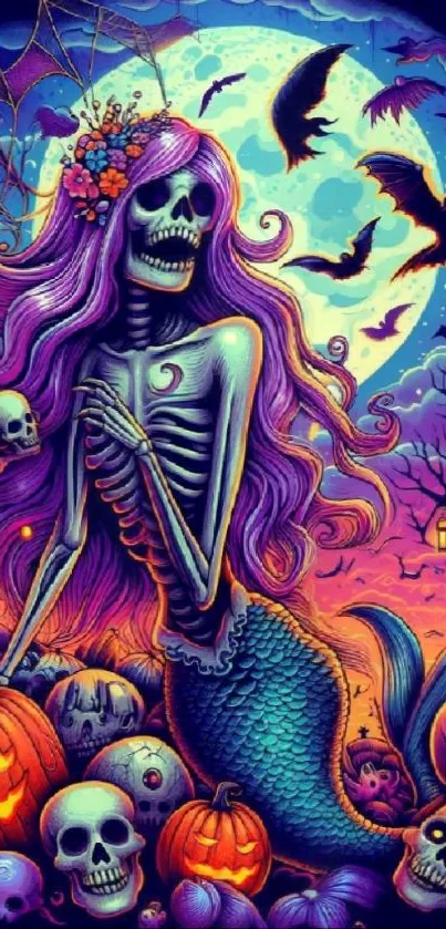 Colorful Halloween mermaid skeleton artwork with full moon and pumpkins.