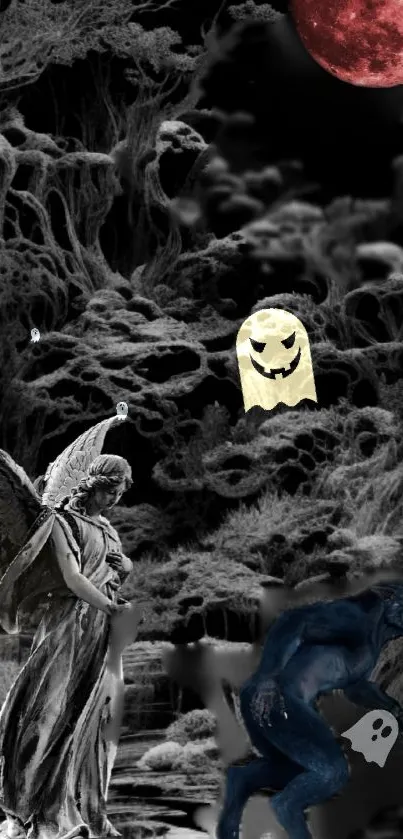 Mystical Halloween wallpaper with ghost, creature, and red moon.