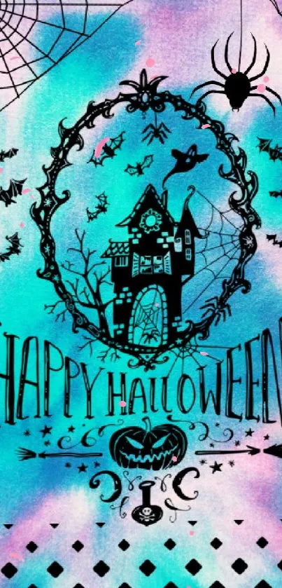 Mystical Halloween wallpaper with haunted castle, bats, and spiders.