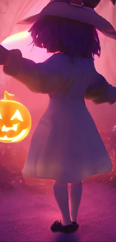 Mystical Halloween scene with a witch and glowing pumpkin