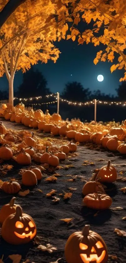 Halloween night scene with glowing pumpkins under autumn trees.