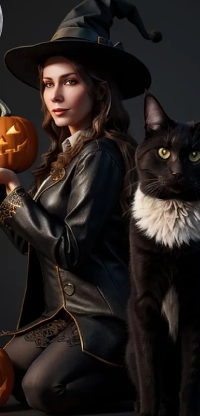 A witch and black cat with pumpkins under a Halloween full moon.