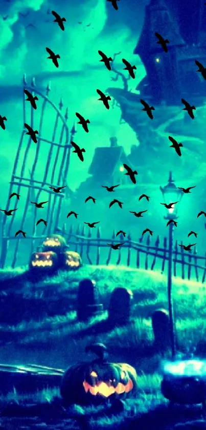 Mystical Halloween night wallpaper with a haunted house and flying birds.