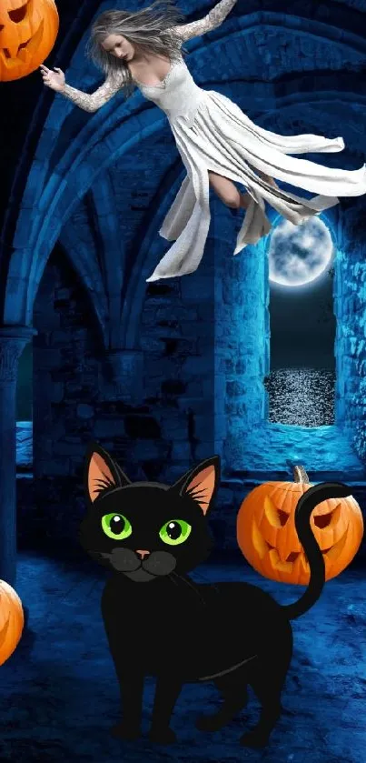 Spooky scene with black cat, pumpkins, and ghost.