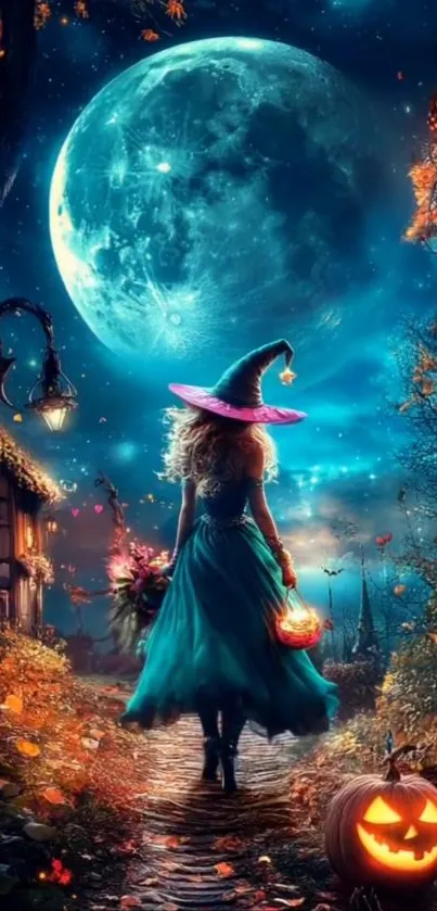 A witch walks under a full moon on Halloween night.