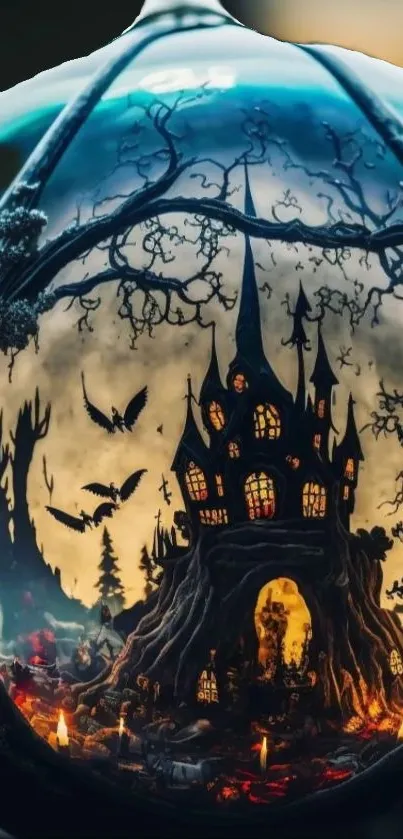 Mystical orb with haunted Halloween scene inside.