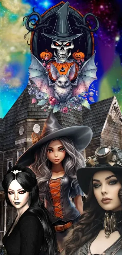 Halloween-themed wallpaper with witches and haunted house.