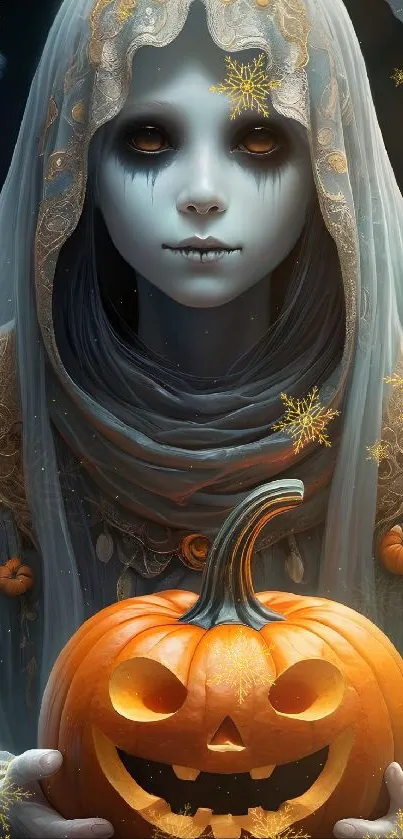 Mystical figure holding Halloween pumpkin.