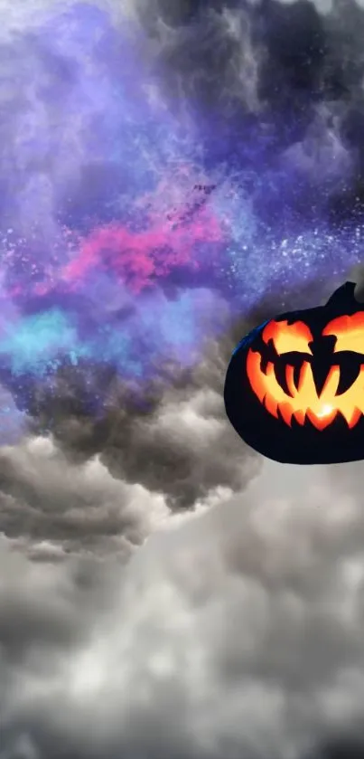 Halloween wallpaper with glowing pumpkin and vibrant clouds