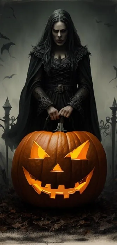 Mystical figure with a glowing carved pumpkin and flying bats on a Halloween night.