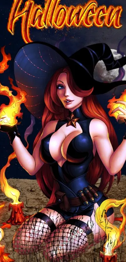 Halloween witch with fiery magic in dark forest wallpaper.