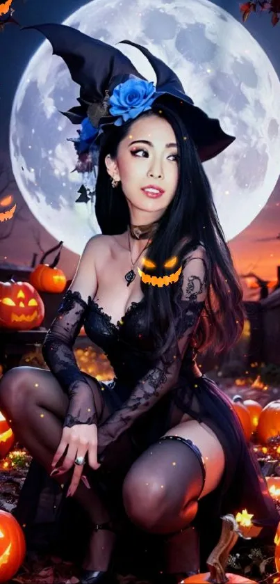 Mystical witch with pumpkins under a full moon.