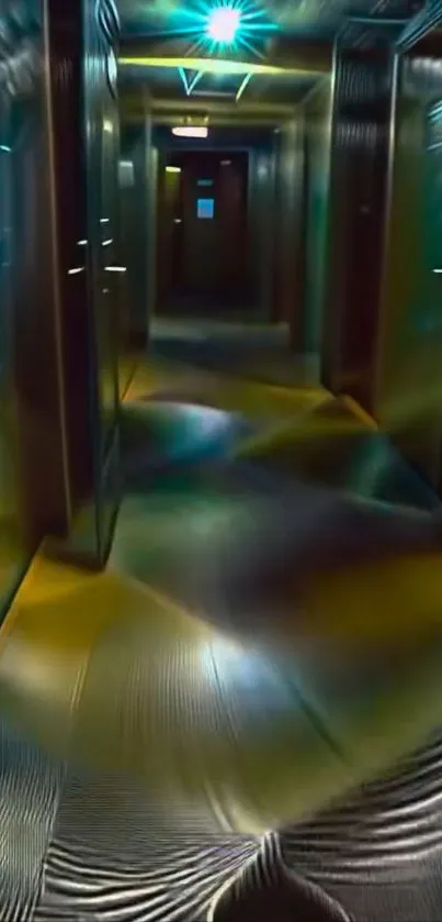 Illuminated hallway with artistic light patterns and reflections.