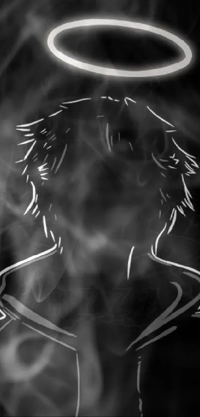 Monochrome shadow figure with halo on a dark background.