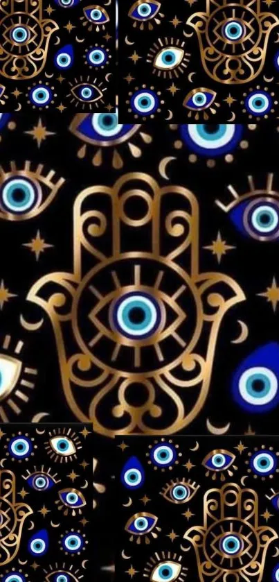 Mystical Hamsa hand wallpaper with blue and gold eye motifs on a black background.