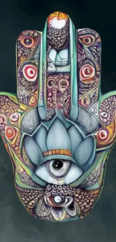 Mystical Hamsa hand art with colorful intricate designs.