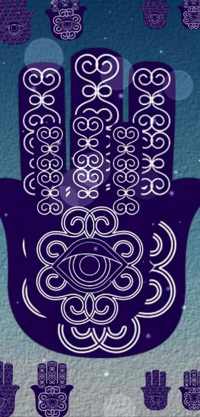 Mystical Hamsa with intricate design on a blue gradient background.