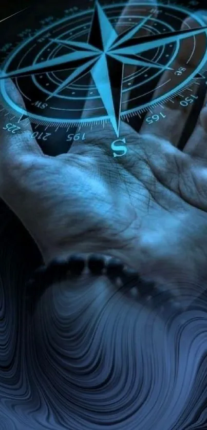 A mystical compass glowing in a hand, set against a blue swirling background.