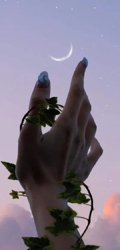 Hand reaching for crescent moon with ivy on a pastel sky background.