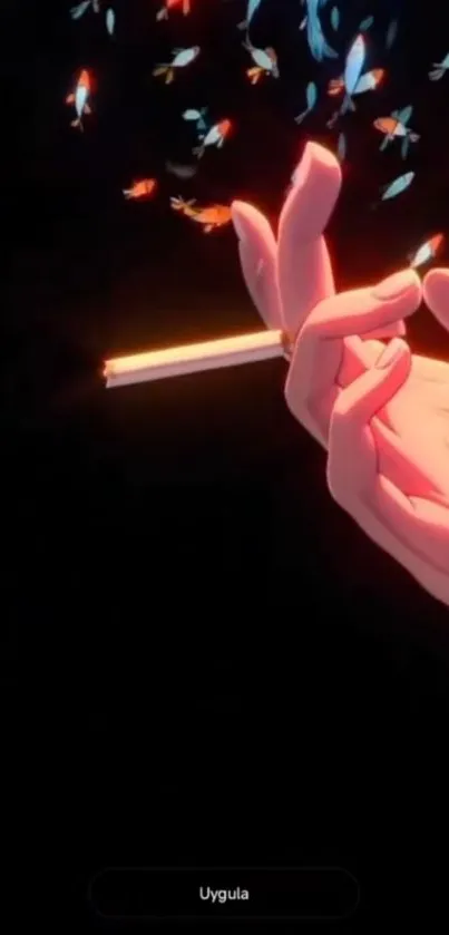 Hand holding a wand surrounded by glowing lights.