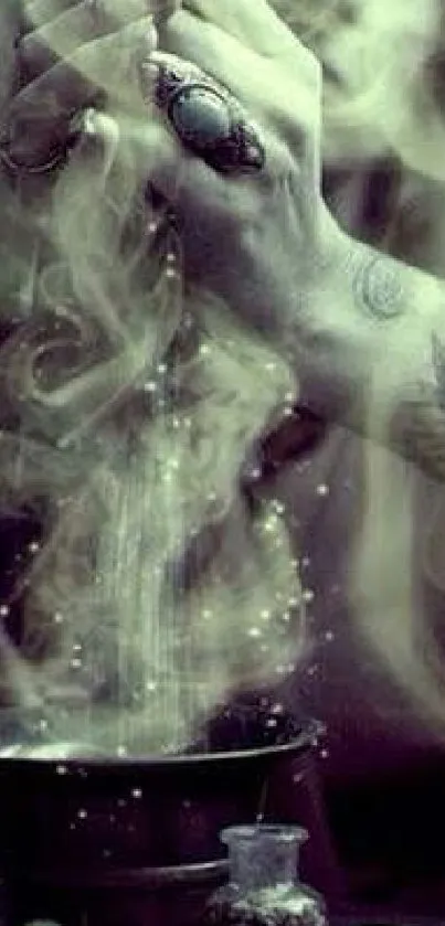 Mystical hand adorned with jewelry, surrounded by swirling smoke.