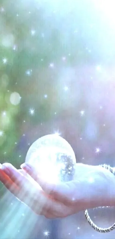 A hand holding a glowing orb amidst a starry, ethereal background in soft light.