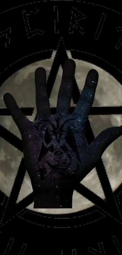 Mystical hand over moon and pentagram wallpaper.