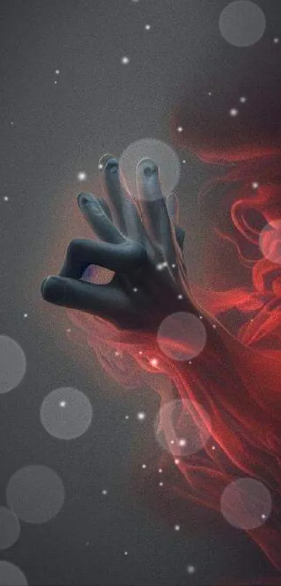 Mystical hand intertwined with red smoke art design.