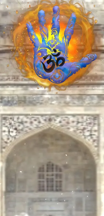 Vibrant mystical hand symbol on ancient archway background.