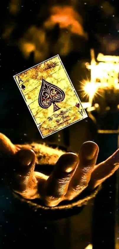 Mystical hand with glowing ace card and ambient light.