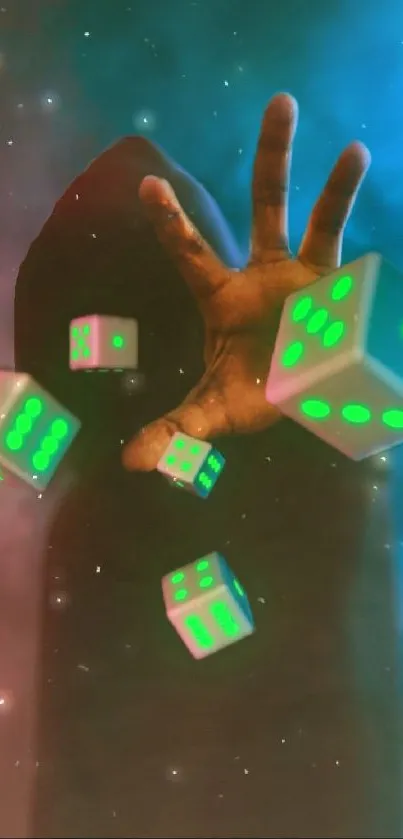 Hand reaching through space with floating neon dice.