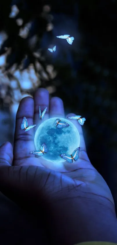 Hand holding a glowing orb surrounded by butterflies in a dark forest setting.