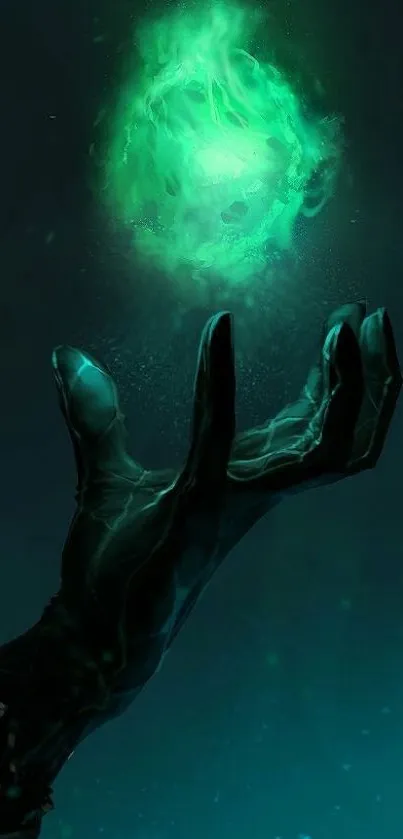 Mystical hand with a glowing green orb in a dark setting.