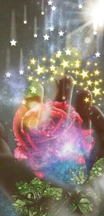 Hand holding a cosmic rose with stars and light burst in mystical wallpaper.