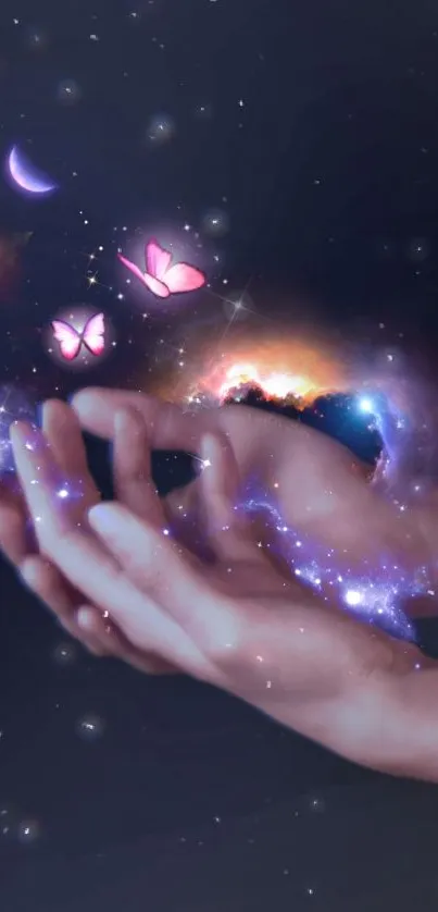 Hands releasing mystical butterflies and celestial glow.