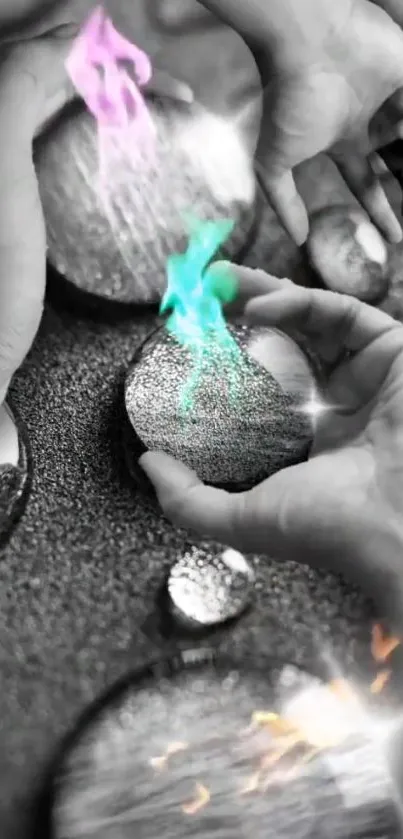 Artistic hands with glowing stones and magical colors in gray backdrop.