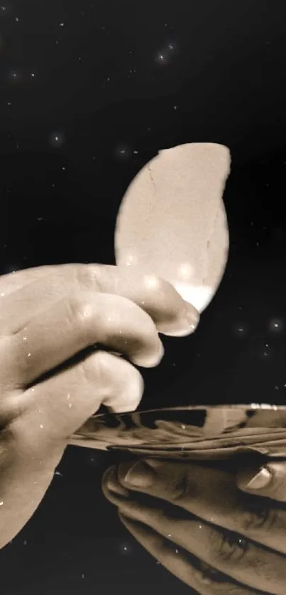 A hand holds an object against a starry, mystic night sky, creating an ethereal glow.