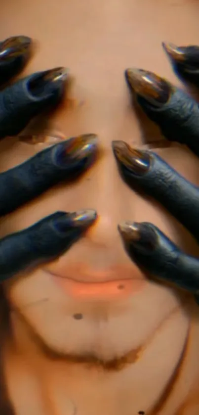 Mystical hands covering a face with dark nails.