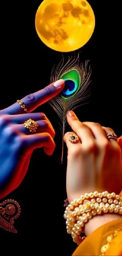 Mystical hands adorned with jewelry under a glowing full moon.