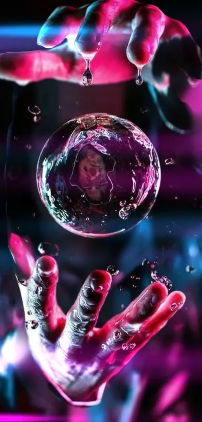 Mystical glowing hands with a magical sphere, vibrant pink and blue hues.