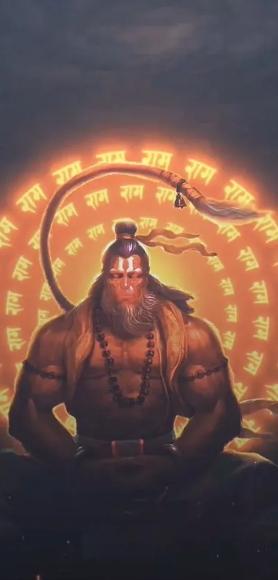 Hanuman wallpaper with glowing orange aura.