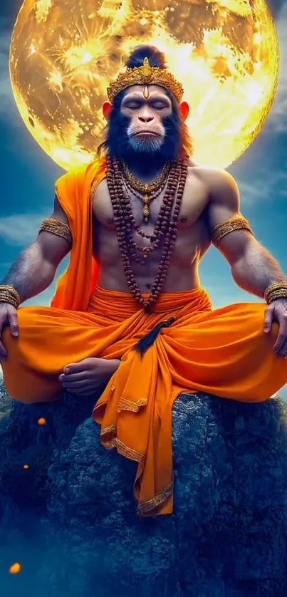 Mystical artwork of Hanuman meditating with a celestial background.